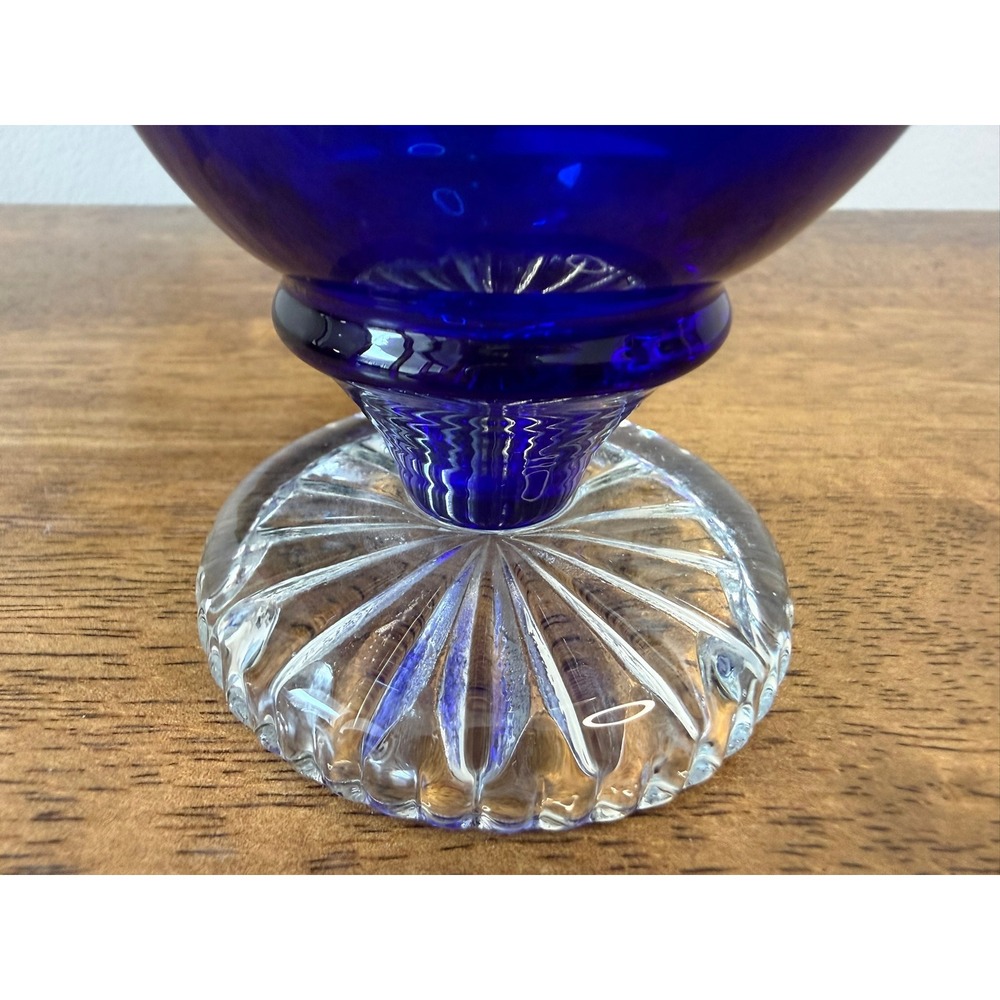 Vintage Cobalt Blue Art Glass Vase Clear Ribbed Base Ruffled Rim - Picture 6 of 10